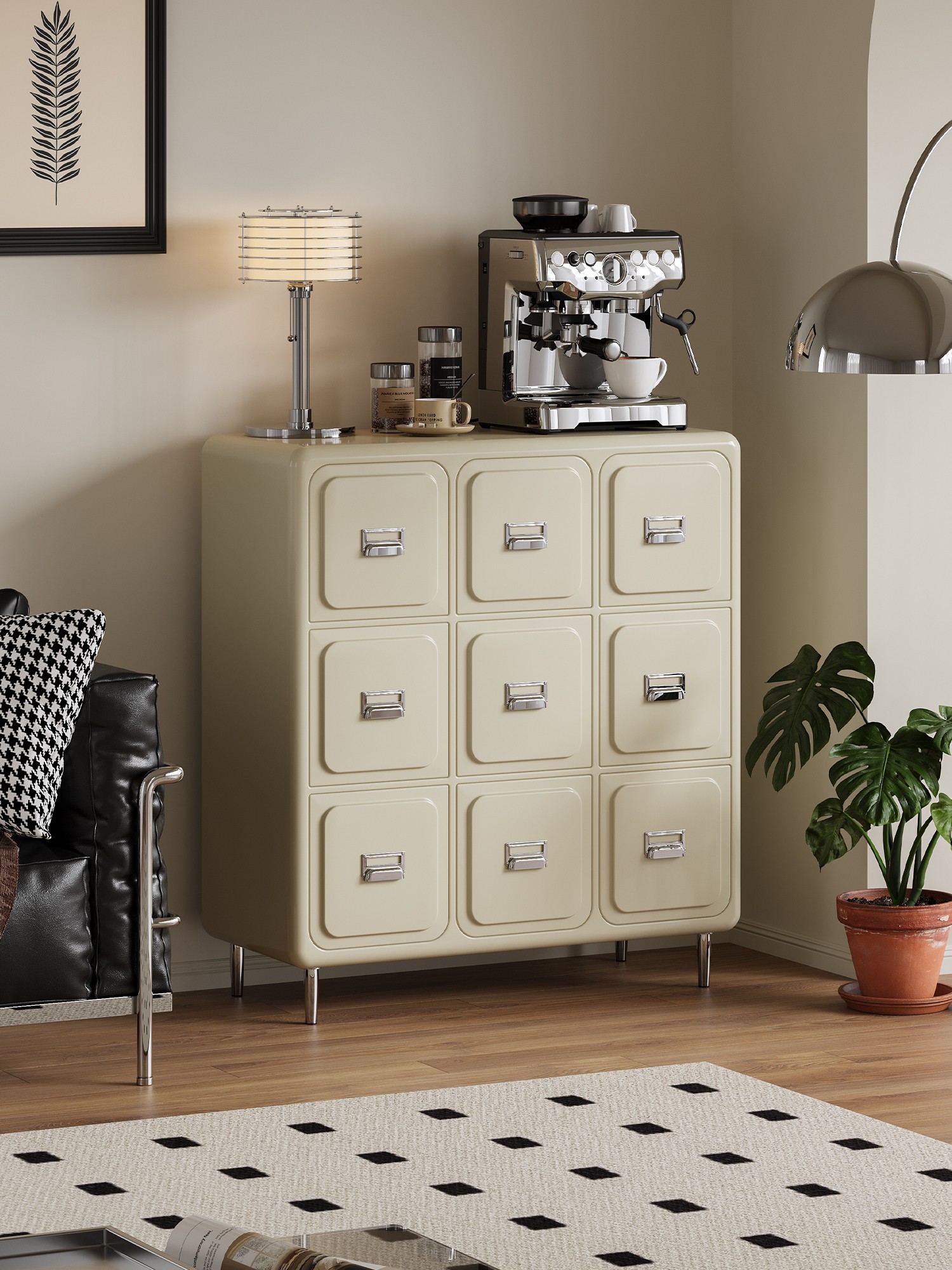 Alternate room view of the nine-drawer storage cabinet
