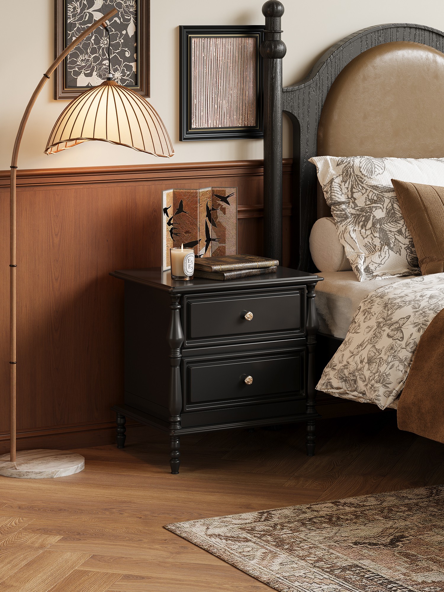 black classical-detail bedside cabinet shown in a second interior setting