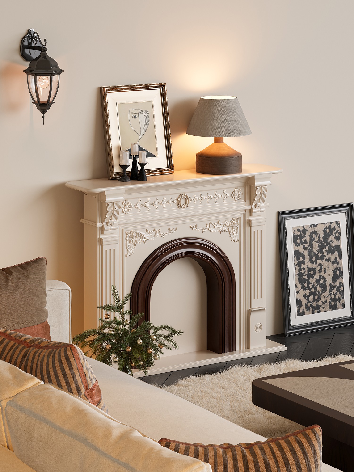 Final lifestyle view of the open-portal ornamental fireplace mantel