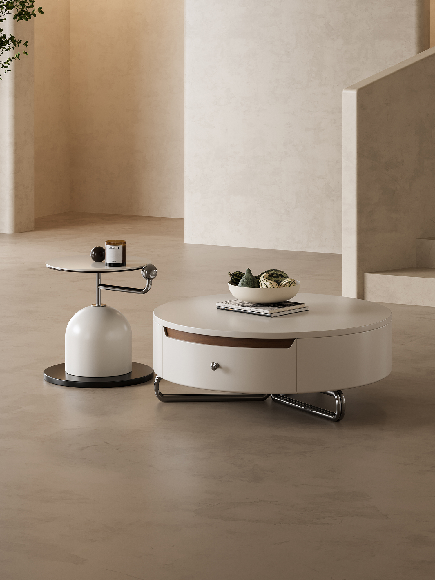 Cream storage coffee table and matching side table in a softly lit lounge