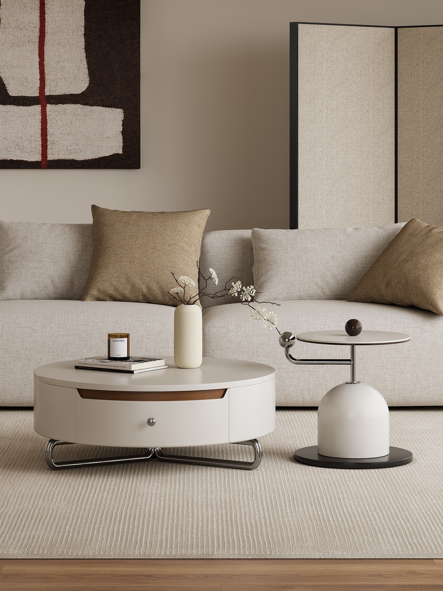 Round storage table and side table staged in a minimal architectural space