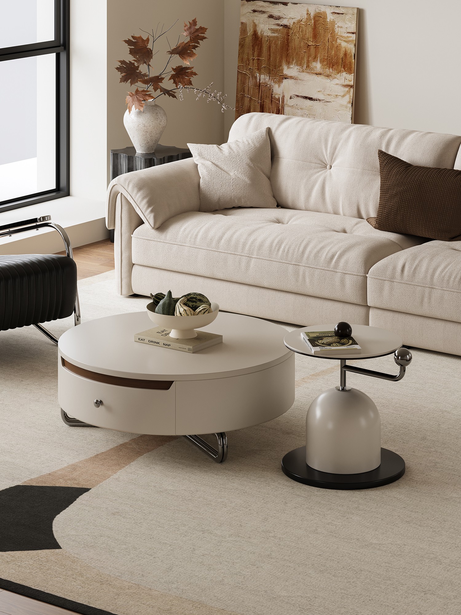 Cream table set centred on a pale rug in front of a sofa