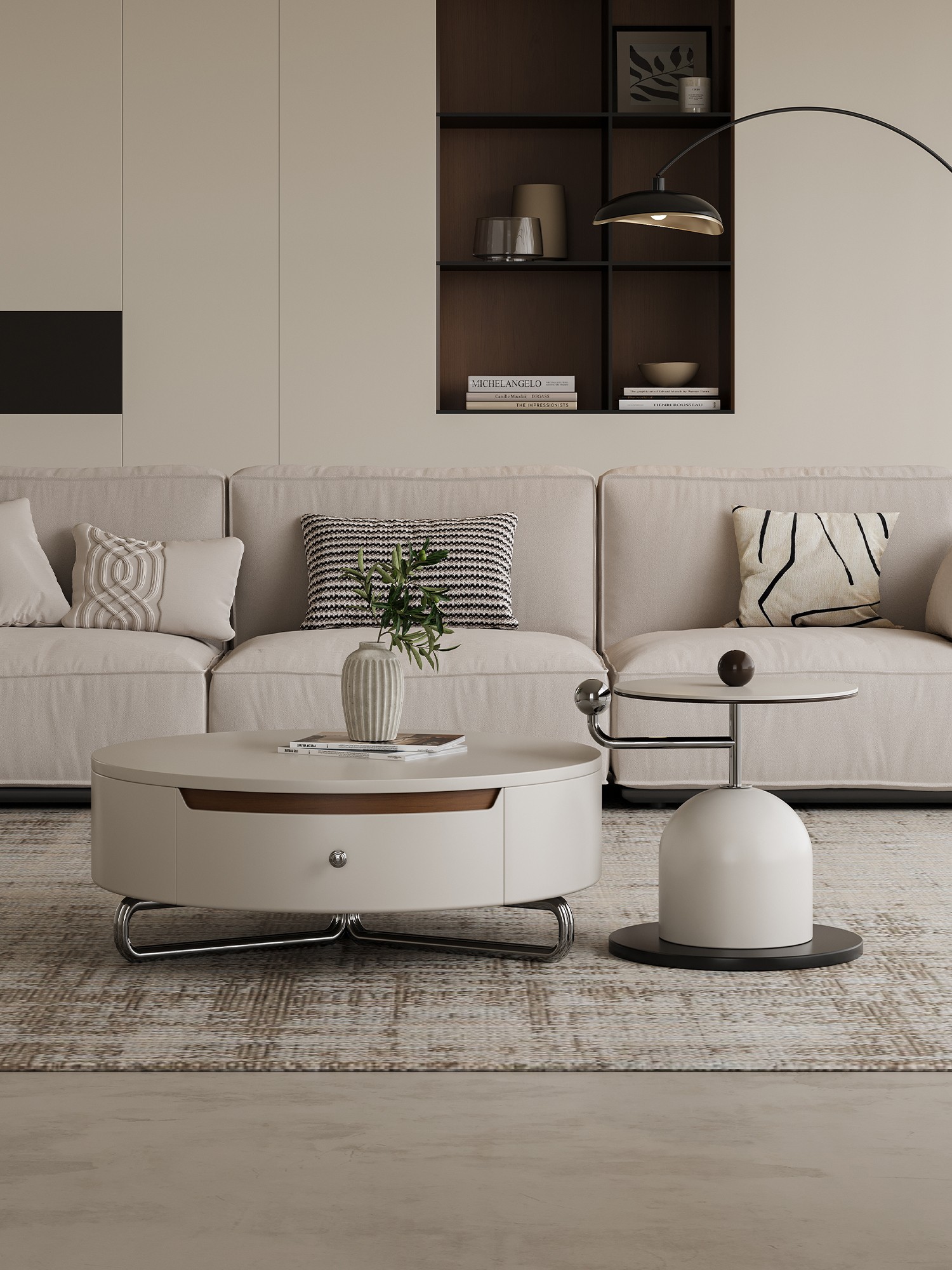 Low table pair presented in a bright contemporary living room
