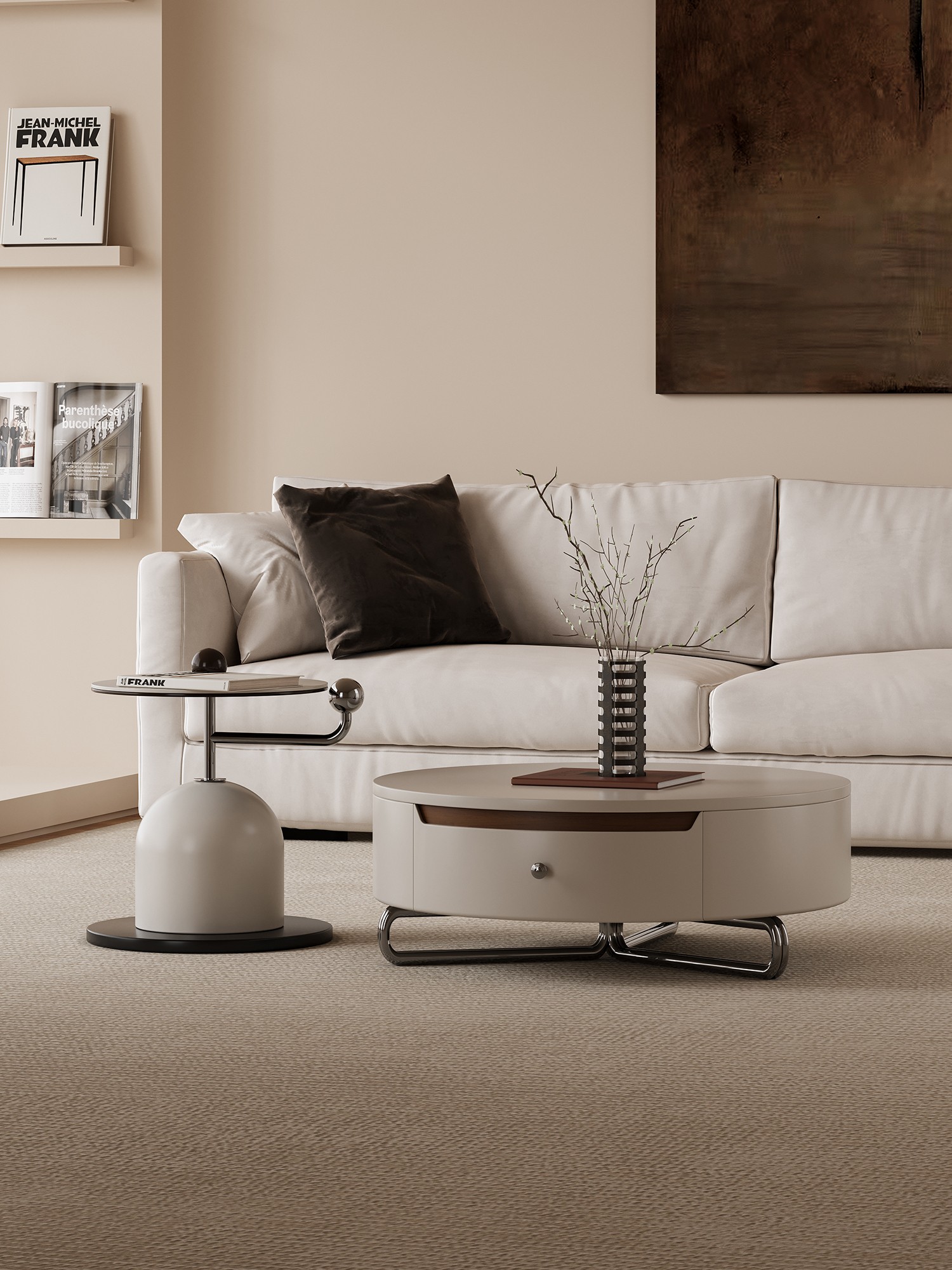 Front view of the table set against pale cabinetry and soft furnishings