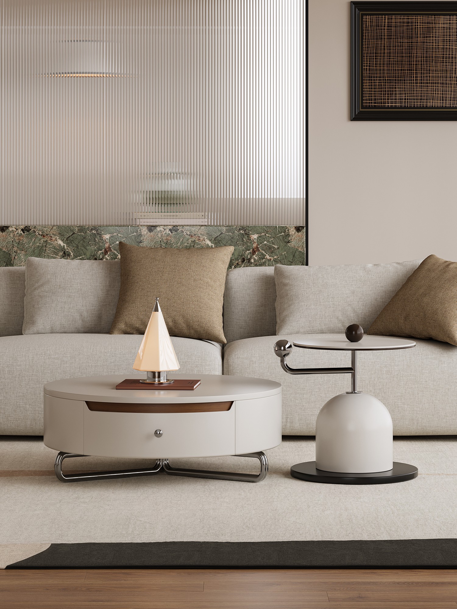 Cream coffee table and side table beside a sofa in warm daylight