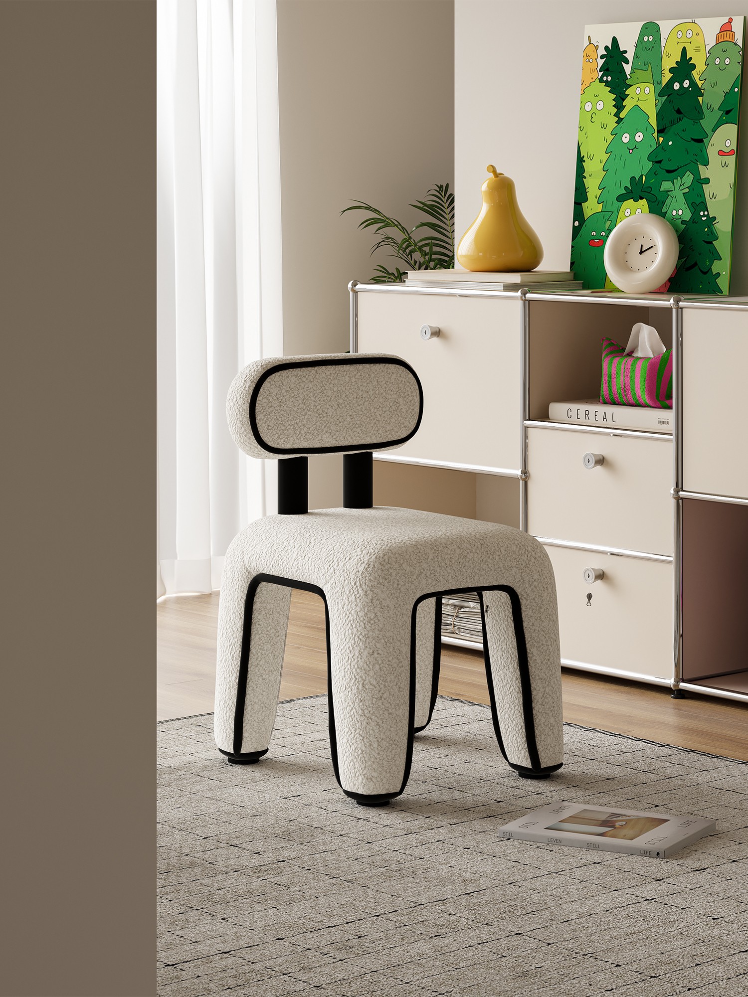 White bouclé accent chair with black piping in a bright living room