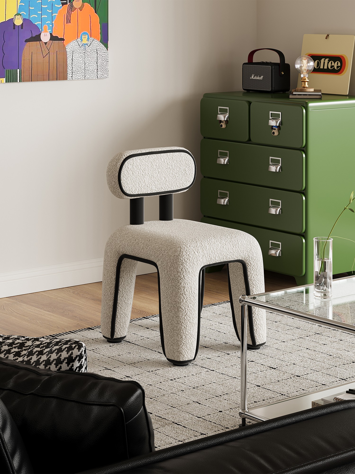 Compact white chair staged against green storage cabinets and wall art