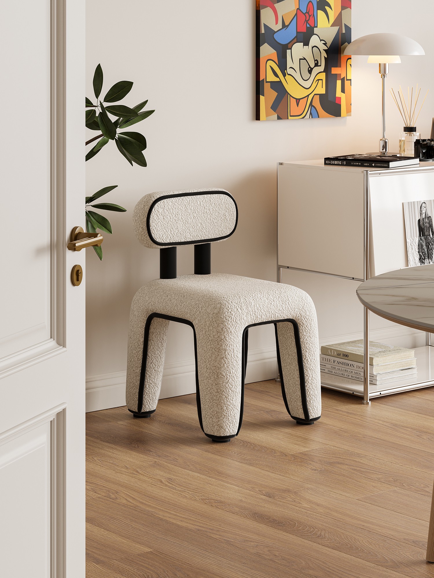 White accent chair beside a small metal table in a warm interior