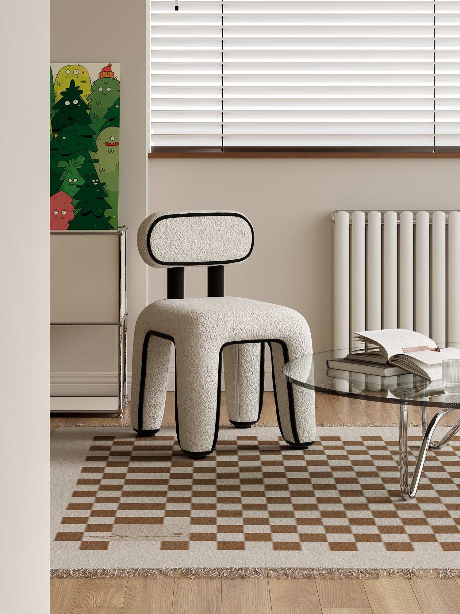 White bouclé chair centred on a patterned rug in soft daylight