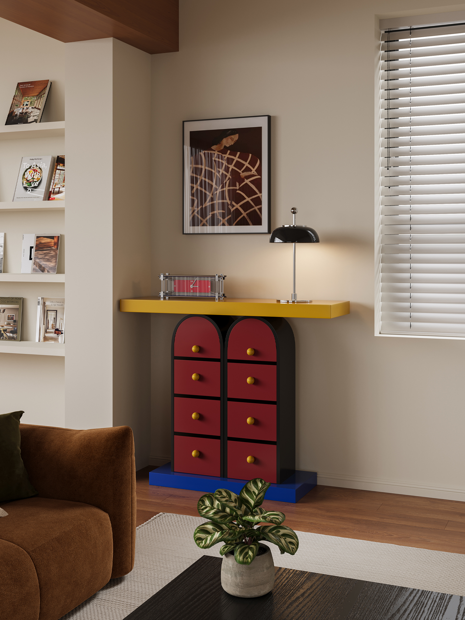 Memphis-style multicolour drawer console presented in a styled residential interior