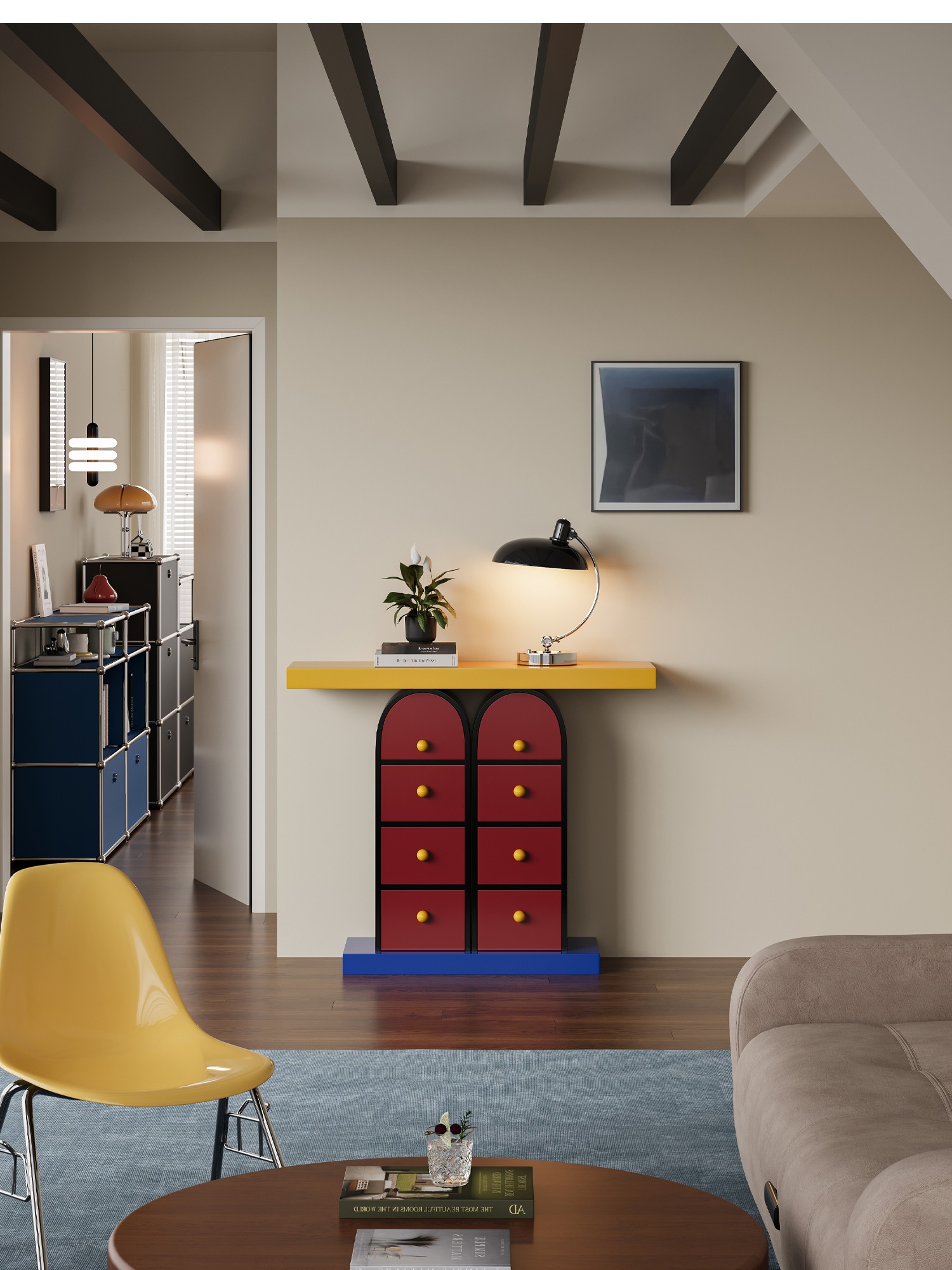Alternate room view of the Memphis-style multicolour drawer console