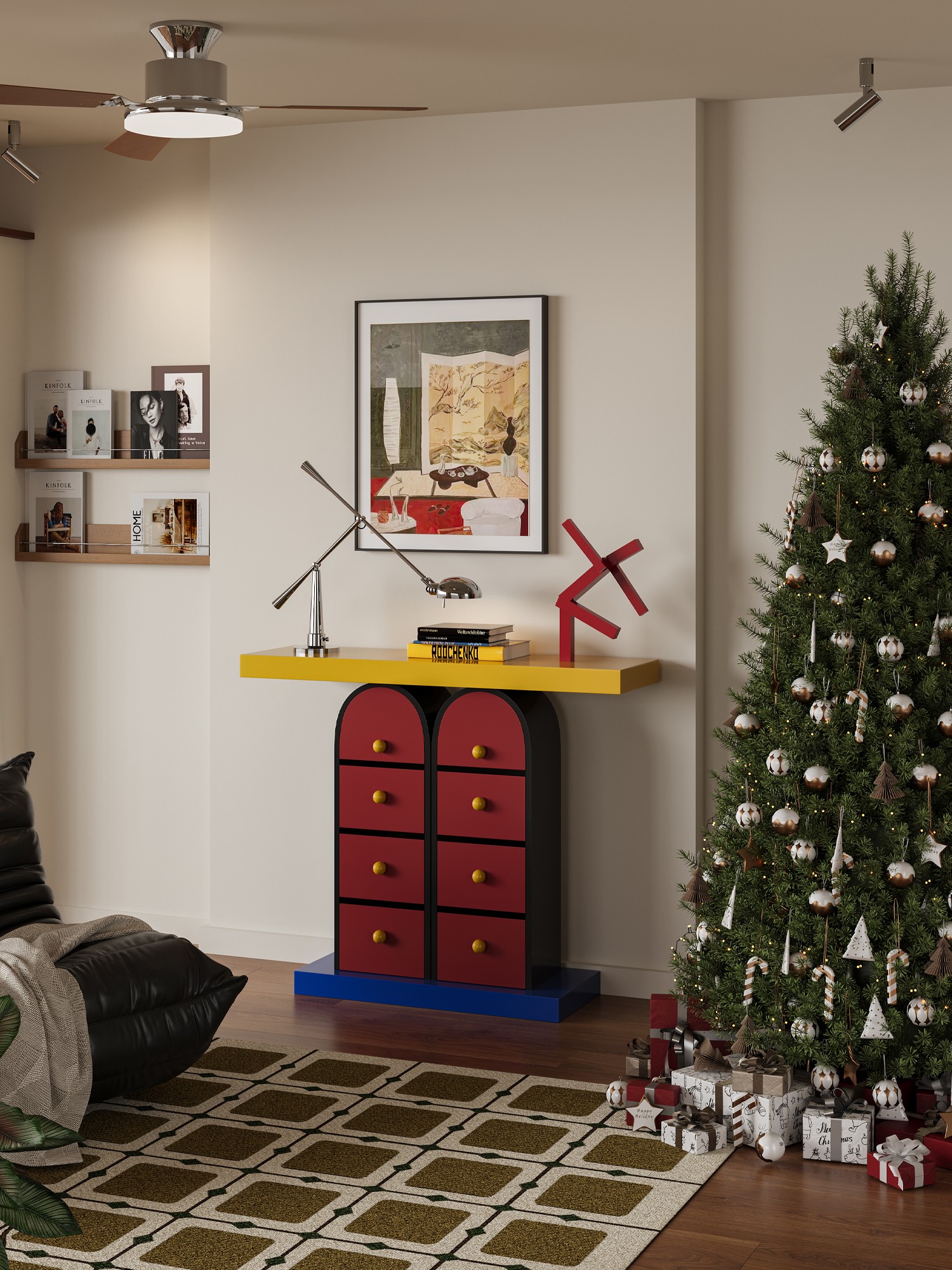 Material and form study of the Memphis-style multicolour drawer console