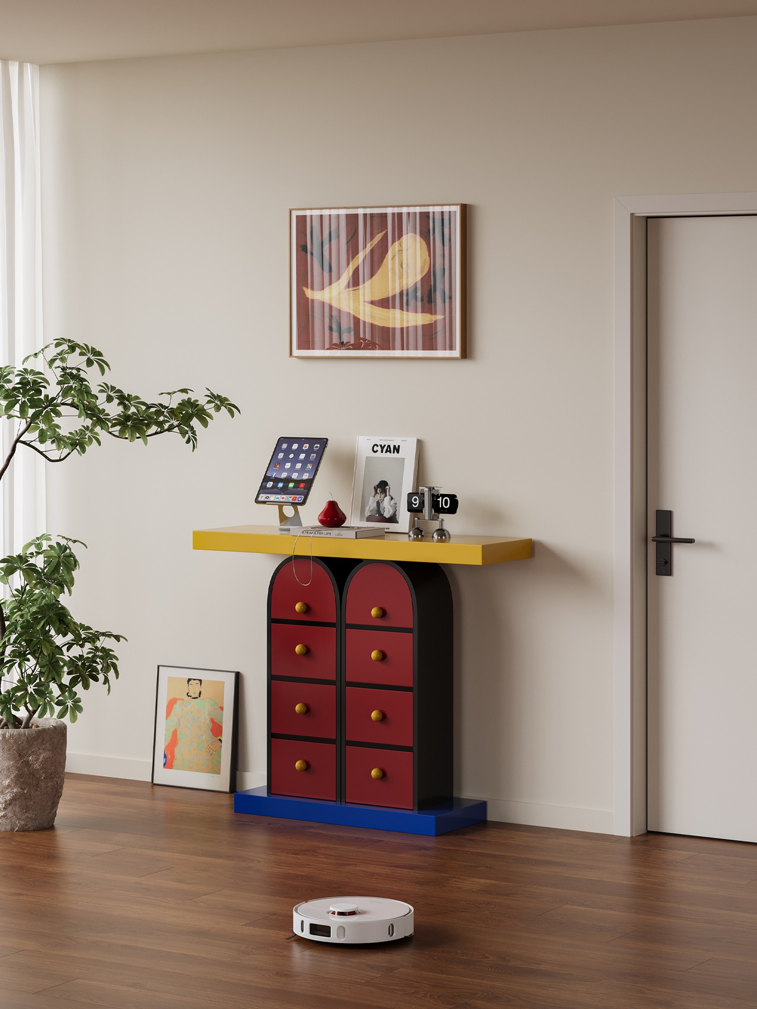 Final lifestyle view of the Memphis-style multicolour drawer console