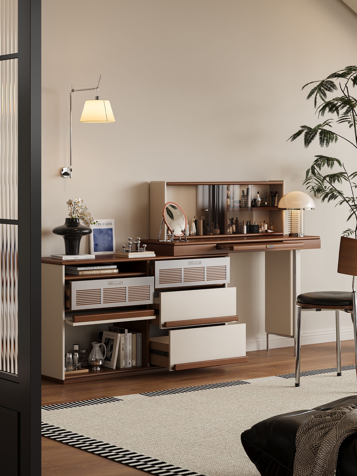 Alternate room view of the modular ivory and walnut vanity console