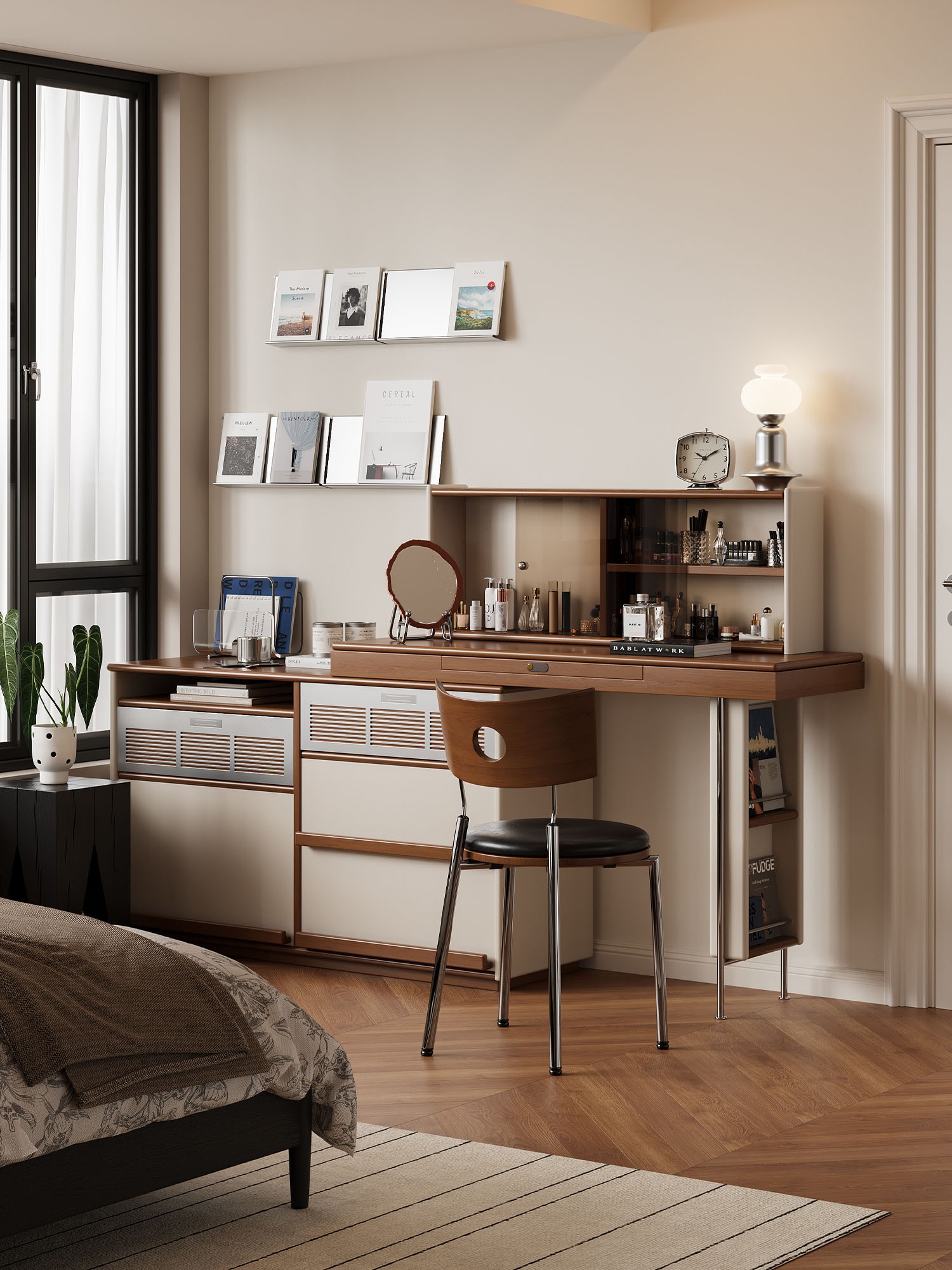 modular ivory and walnut vanity console shown in a second interior setting