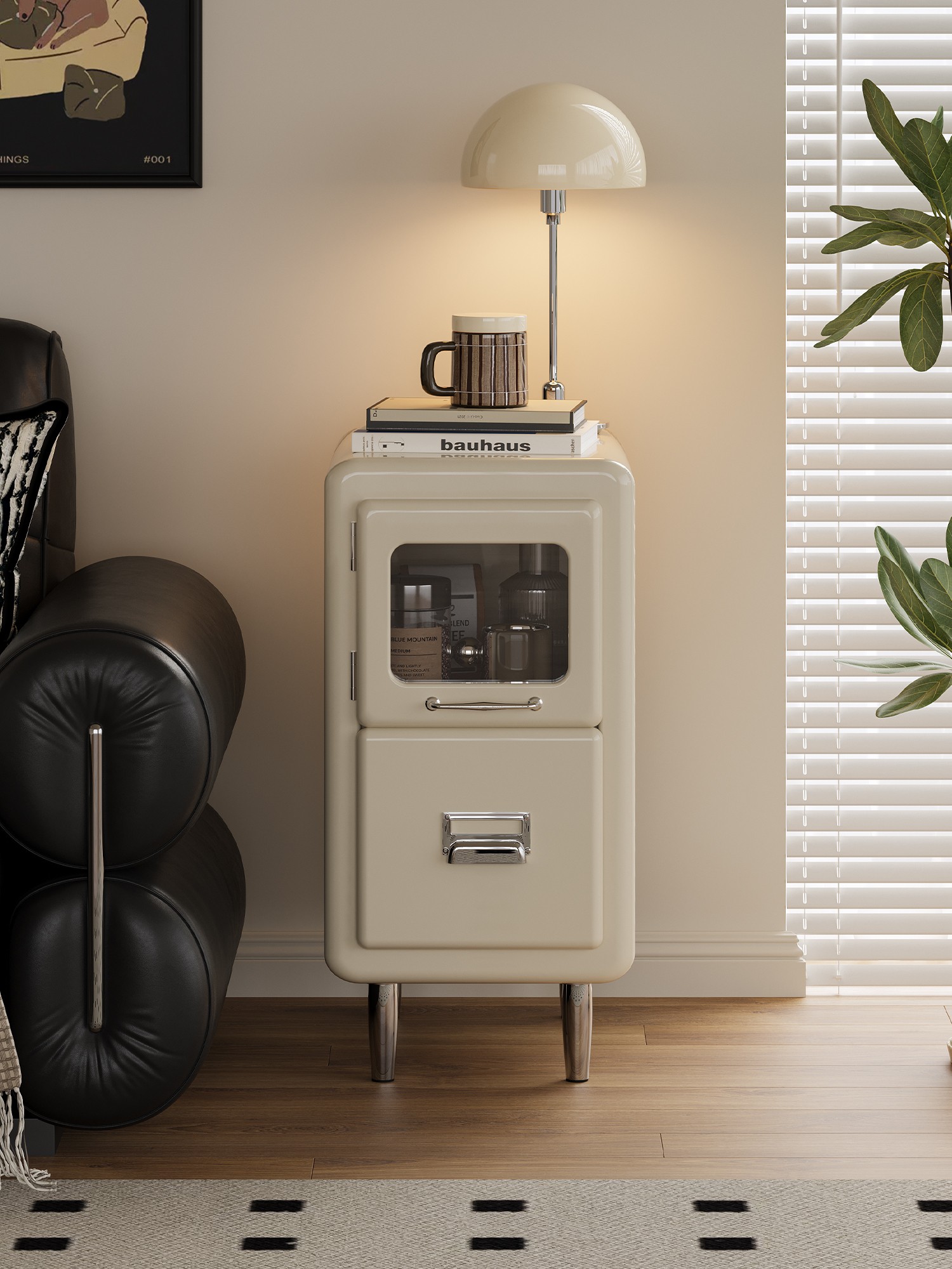 Closer product view of the slim retro-industrial bedside cabinet