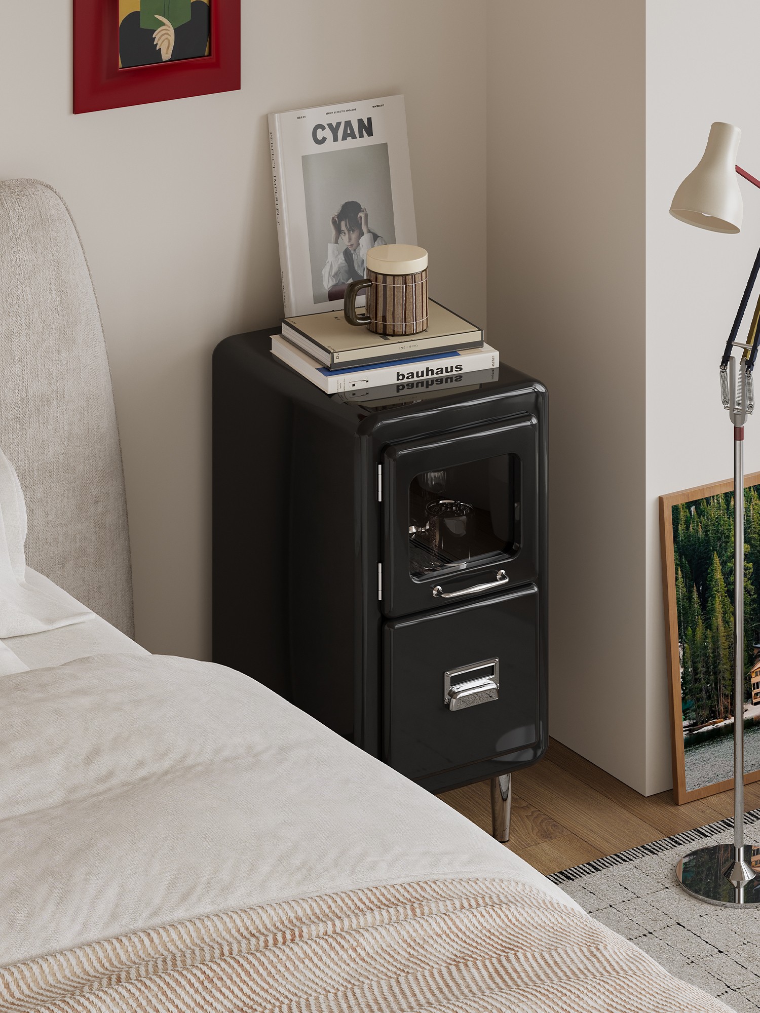Material and form study of the slim retro-industrial bedside cabinet