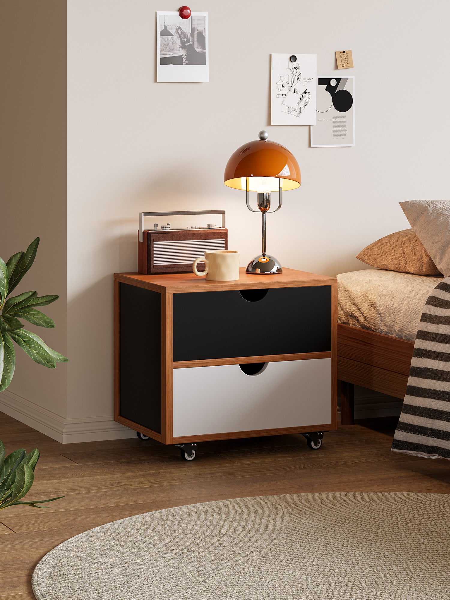 Closer product view of the colour-blocked mobile bedside drawer unit