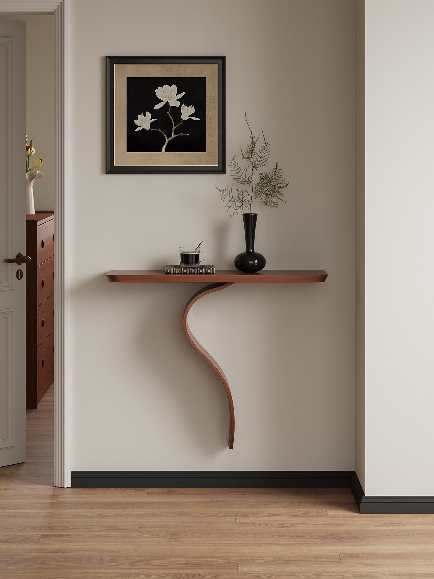 sculptural S-curve floating wall console presented in a styled residential interior
