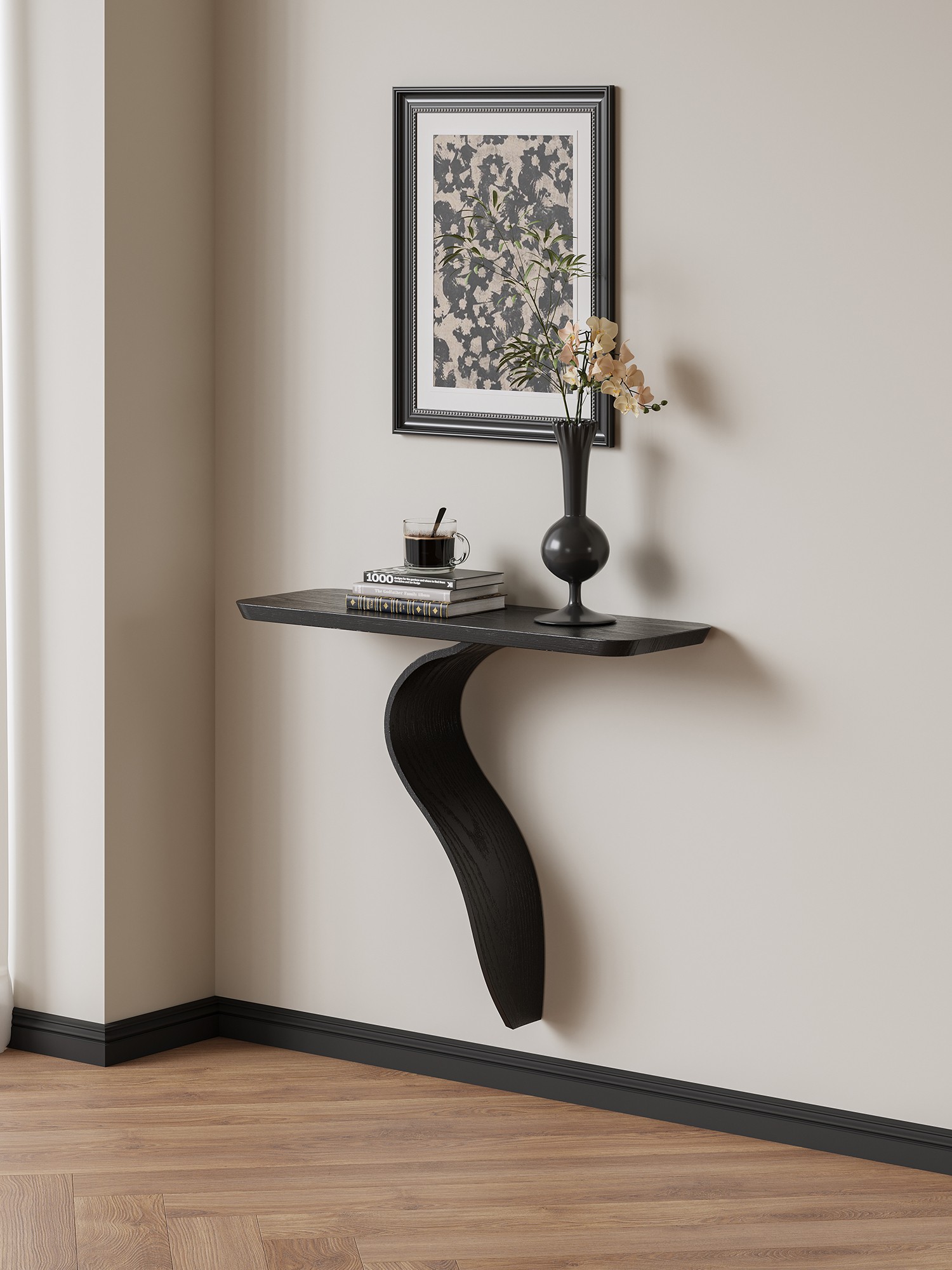 Closer product view of the sculptural S-curve floating wall console