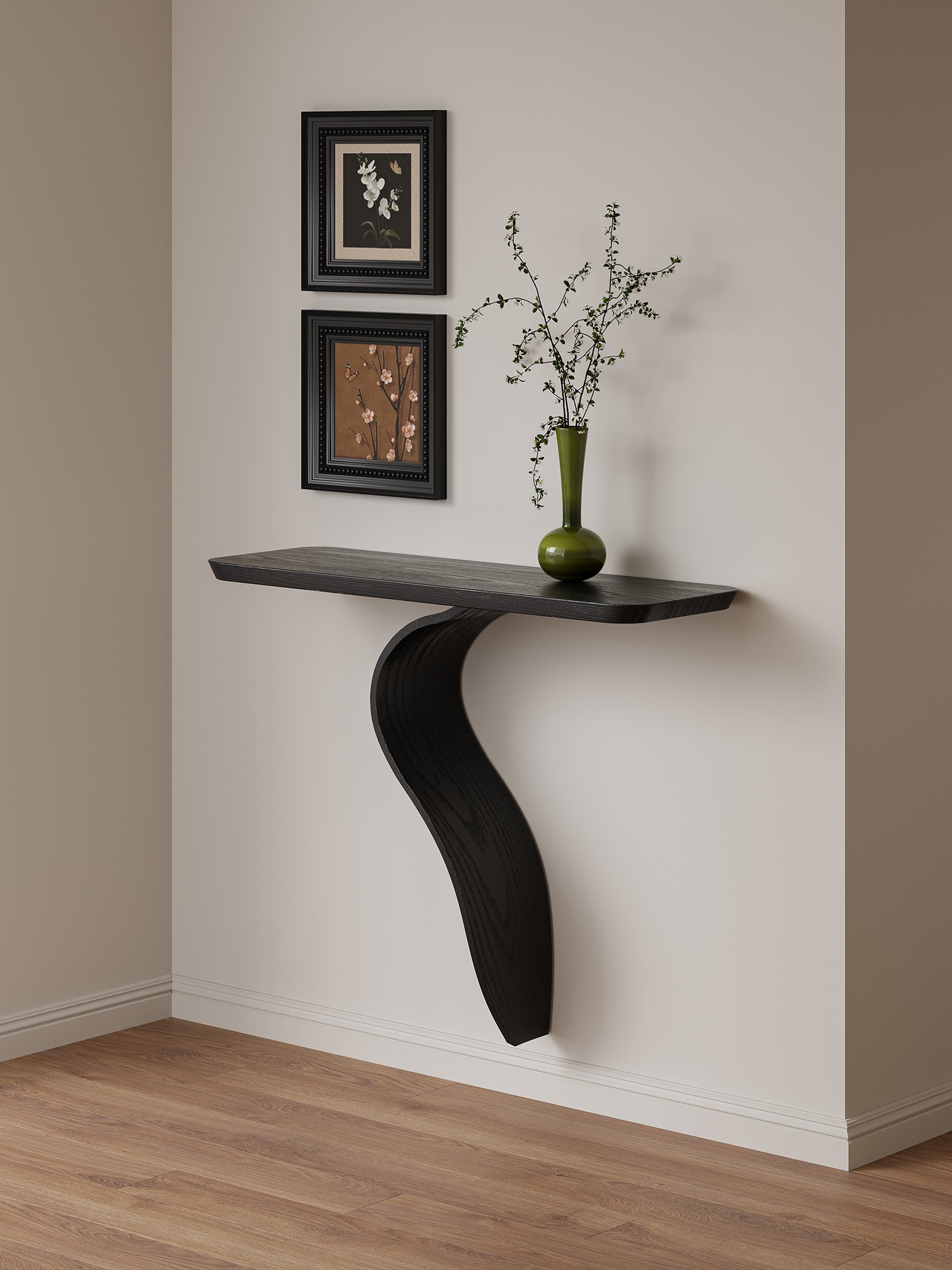sculptural S-curve floating wall console shown in a second interior setting