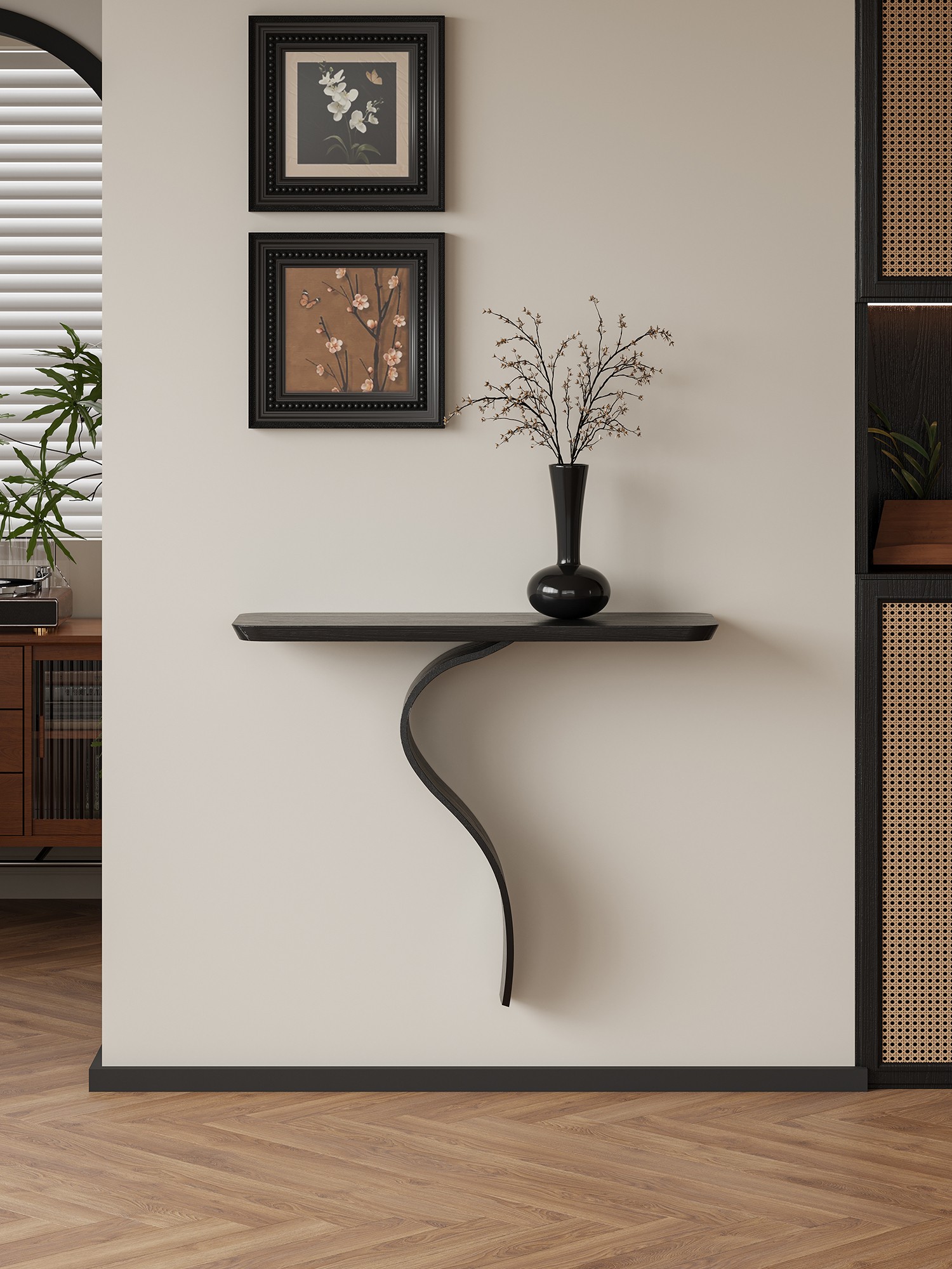 Final lifestyle view of the sculptural S-curve floating wall console