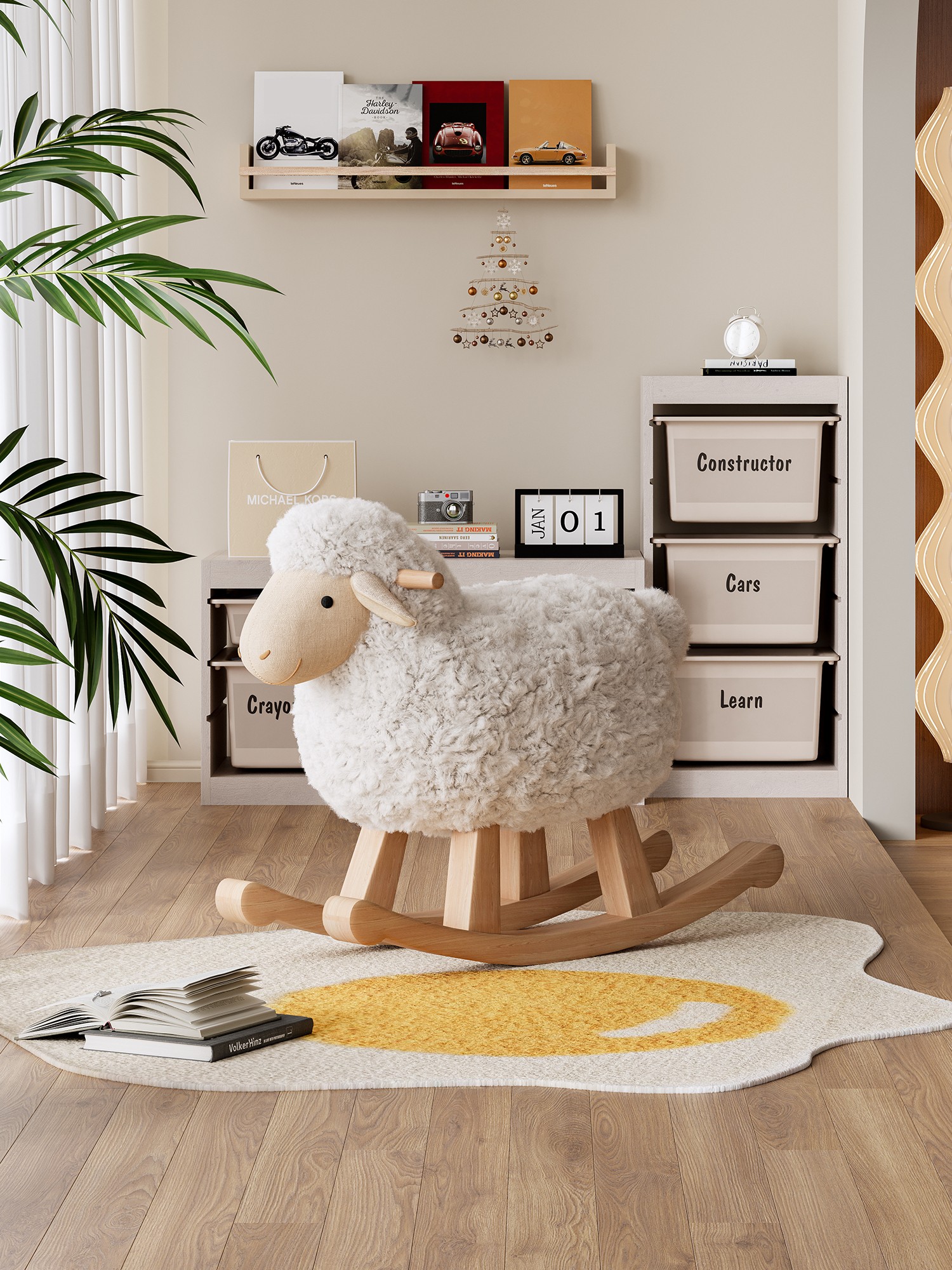 Lamb-shaped rocking chair framed by shelving and plants in soft daylight