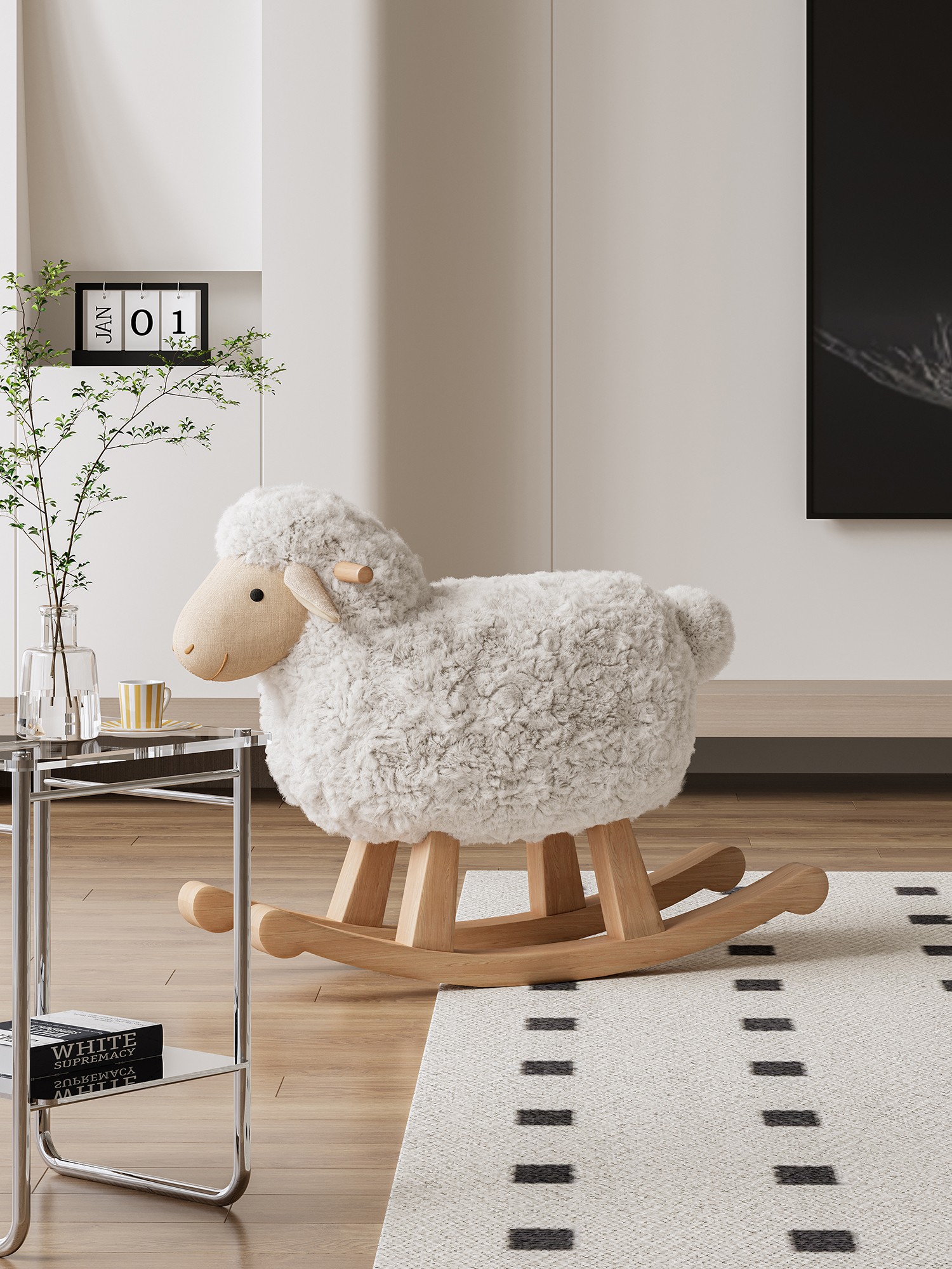 Lamb-shaped rocking chair presented in a calm contemporary living space