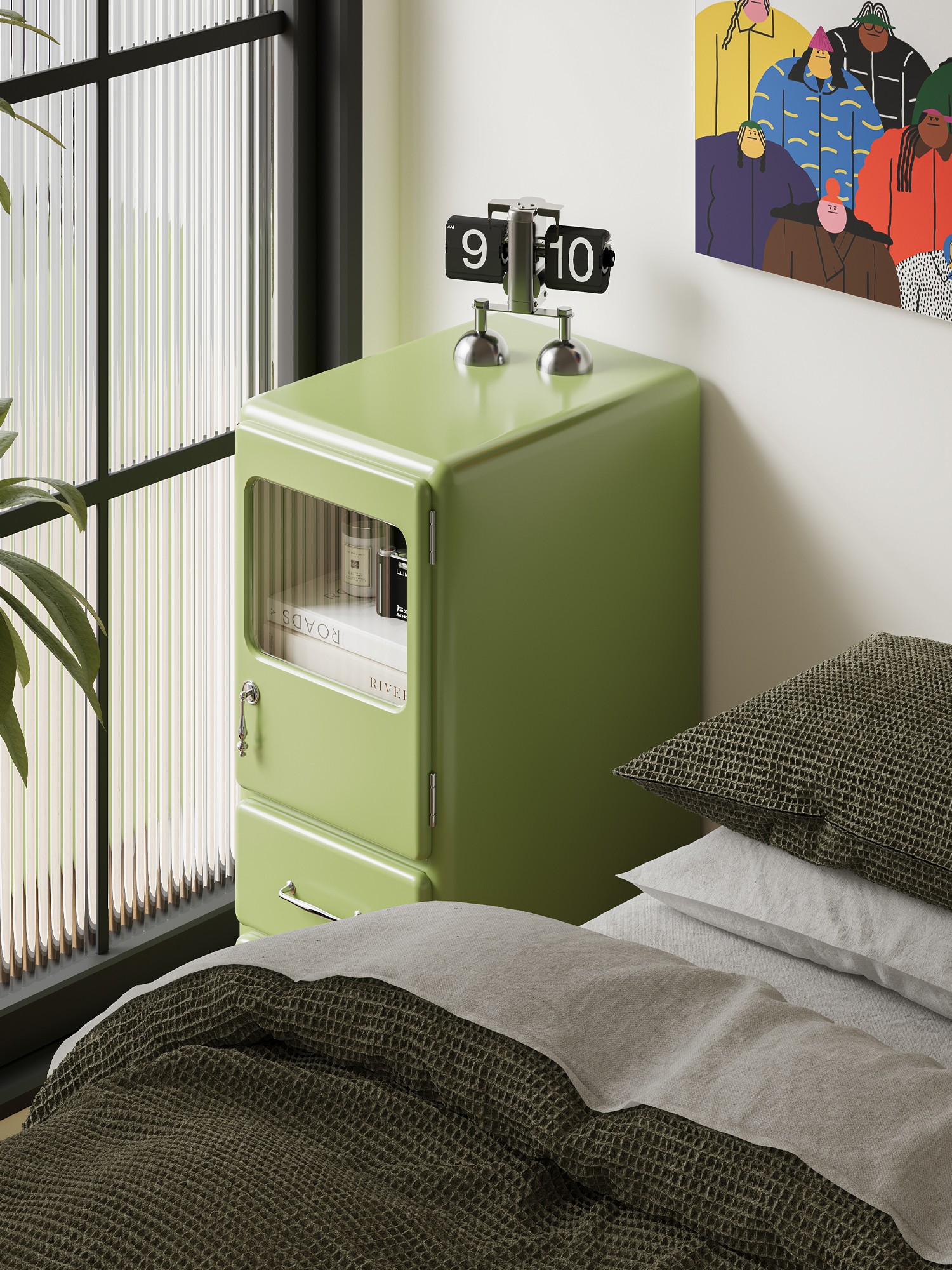 Alternate room view of the rounded painted-metal bedside cabinet