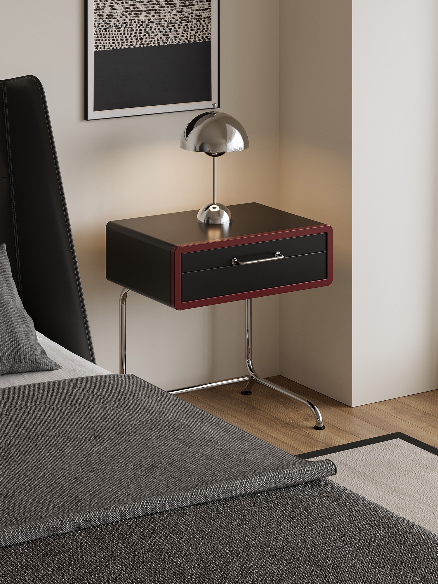 colour-blocked tubular-frame nightstand presented in a styled residential interior