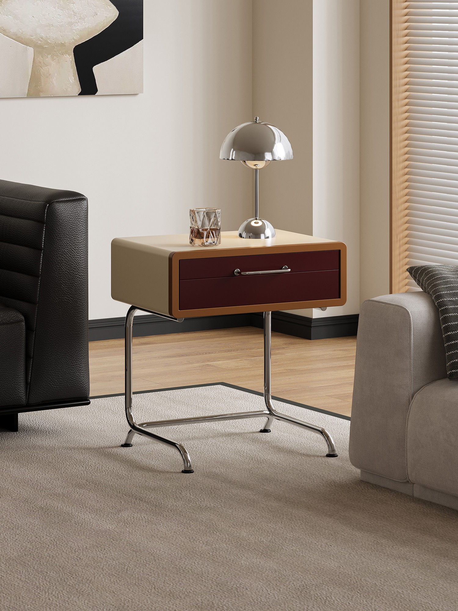 Closer product view of the colour-blocked tubular-frame nightstand