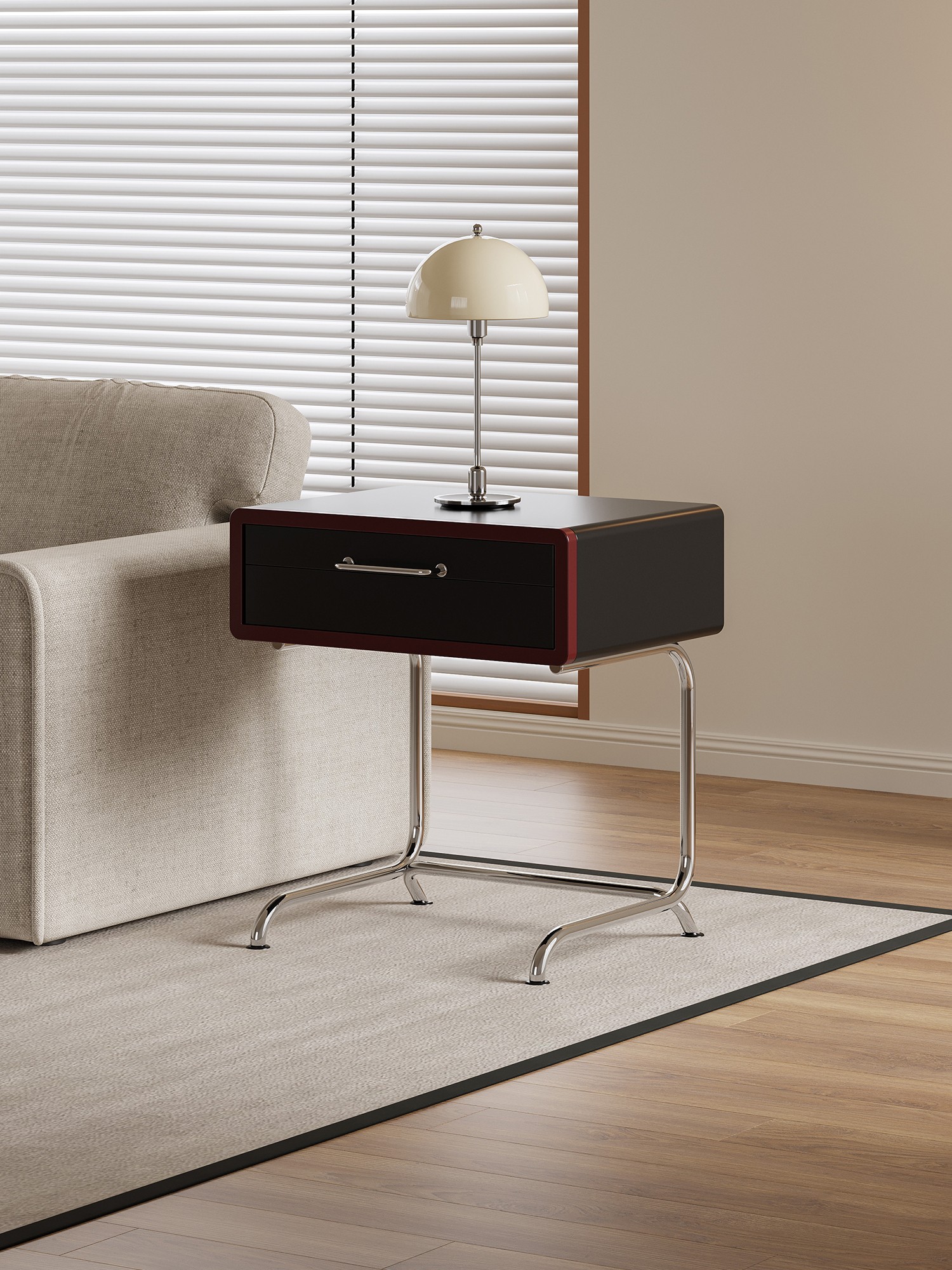 Material and form study of the colour-blocked tubular-frame nightstand