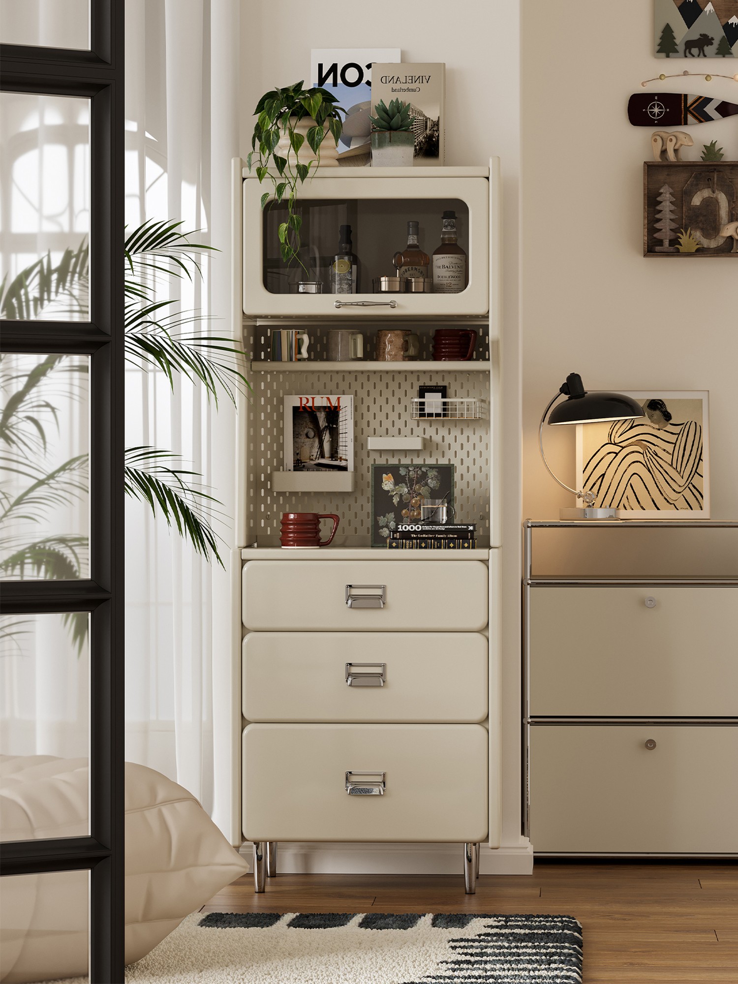 Material and form study of the tall vertical beverage station cabinet